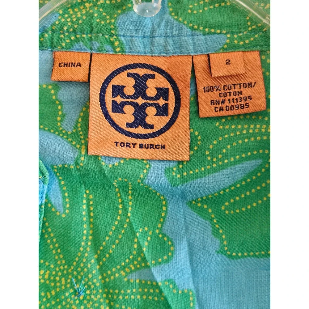 Tory Burch Blue Green Floral Long Sleeve V Neck Blouse‎ Shirt Women's Size 2